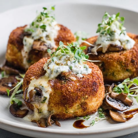 Mushroom stuffed potato cakes on a plate.