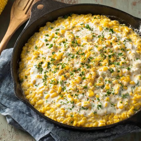 A pan of creamed corn with green onions.