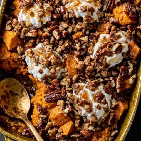 A close up of a delicious Southern Maple Sweet Potato Casserole.