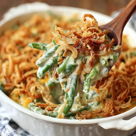 A wooden spoon is in a bowl of green bean casserole.