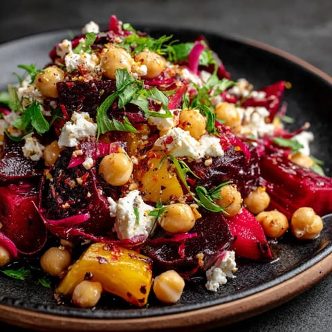 A plate of food with chickpeas, beets, and feta cheese.