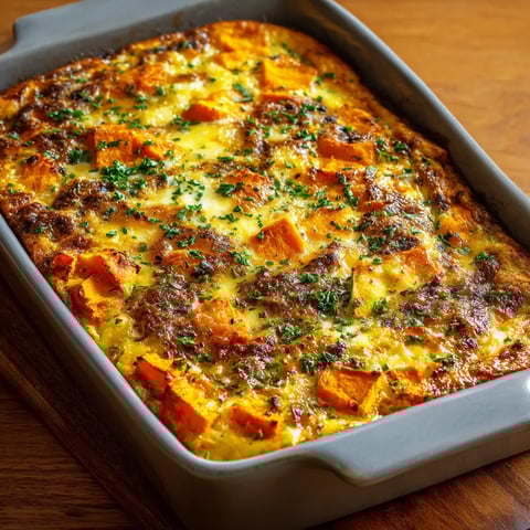 A casserole with sweet potatoes and cheese.