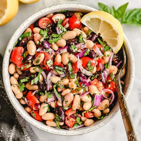 A bowl of lemon basil three bean salad.