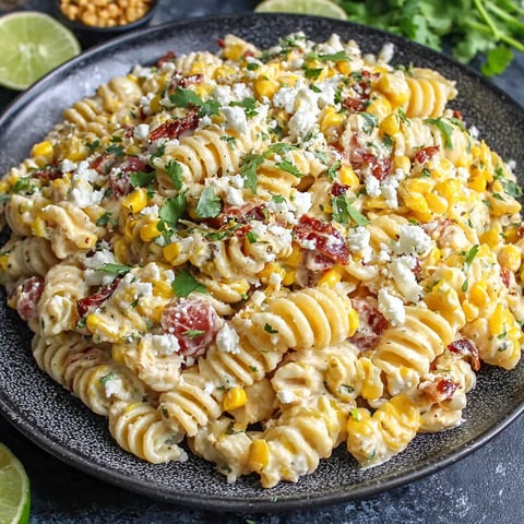 A plate of Mexican street corn pasta salad.