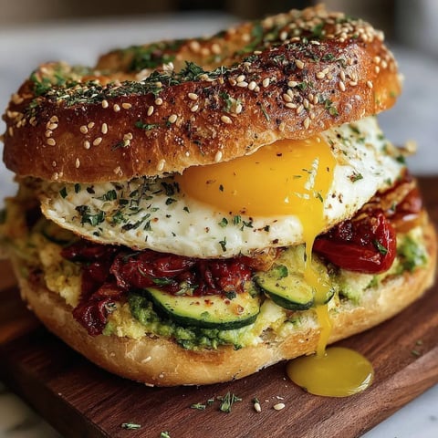 A breakfast sandwich with eggs, zucchini, and spices.