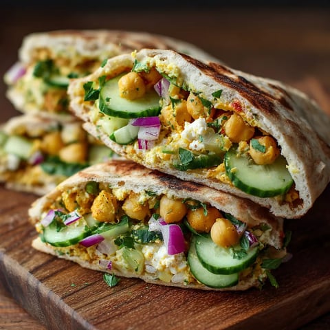 Two cucumber chickpea pita pockets on a wooden table.