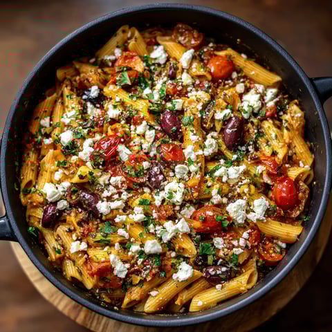 A one pot pasta dish with tomatoes, olives, and feta cheese.