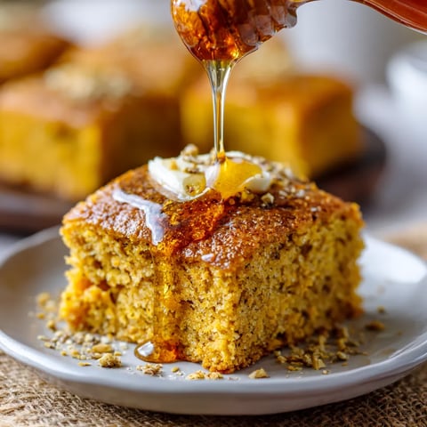 A slice of cornbread with honey drizzled on top.