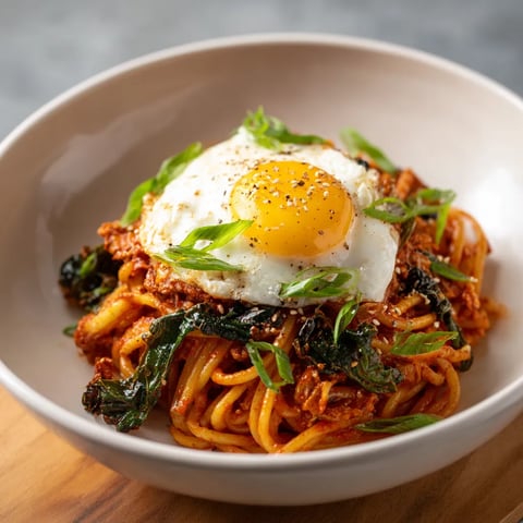 A bowl of pasta with an egg on top.